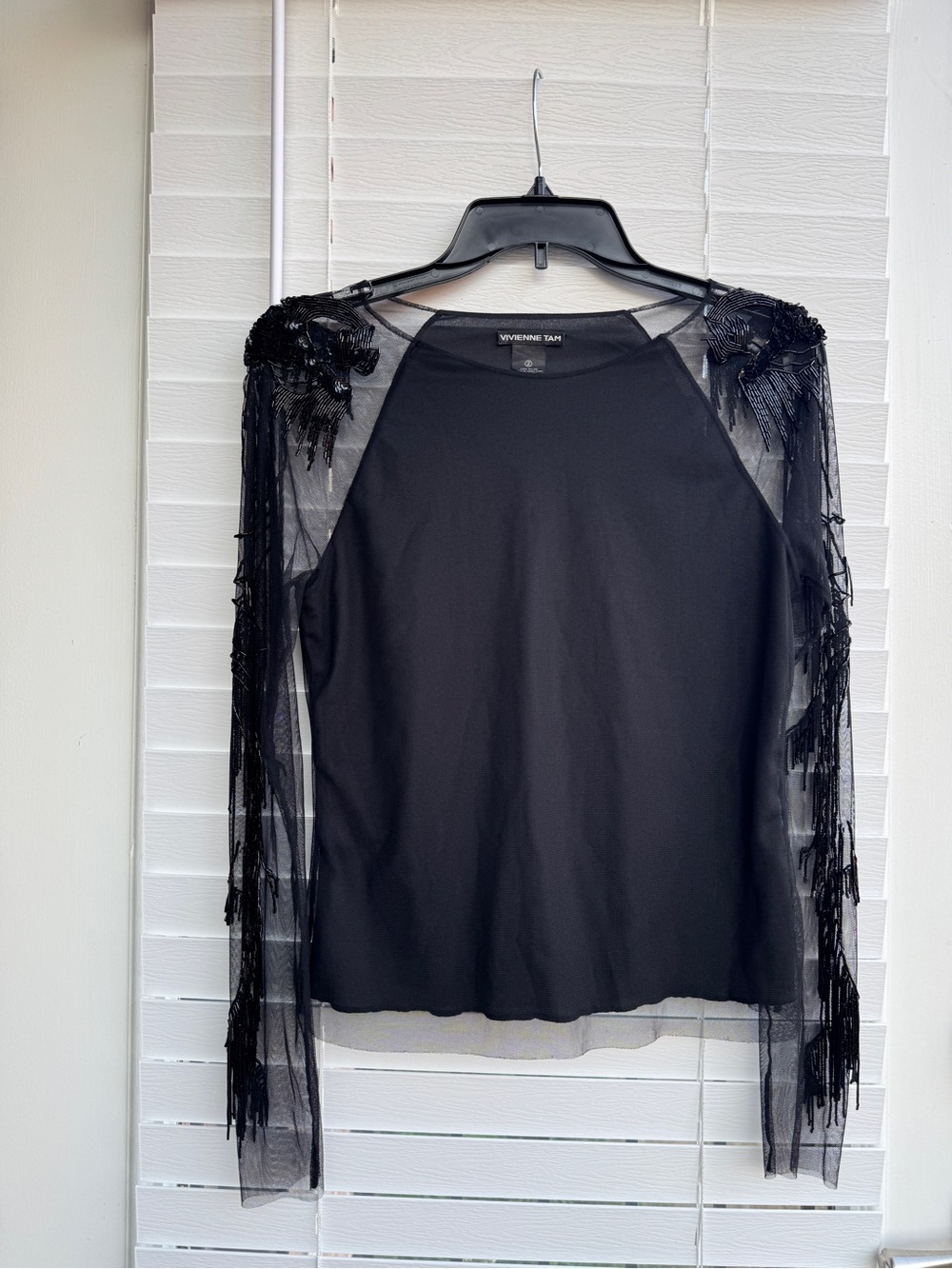 Vivienne Tam Vintage 90s Y2K Beaded Bird Mesh Sheer Fringe Top Size 2 Rare - Picture 5 of 9